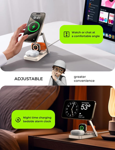 Sturdy charging stand with 360° rotation.