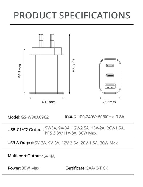 ELEKFONE 30W GaN Wall Charger Dual USB-C and USB-A Ports