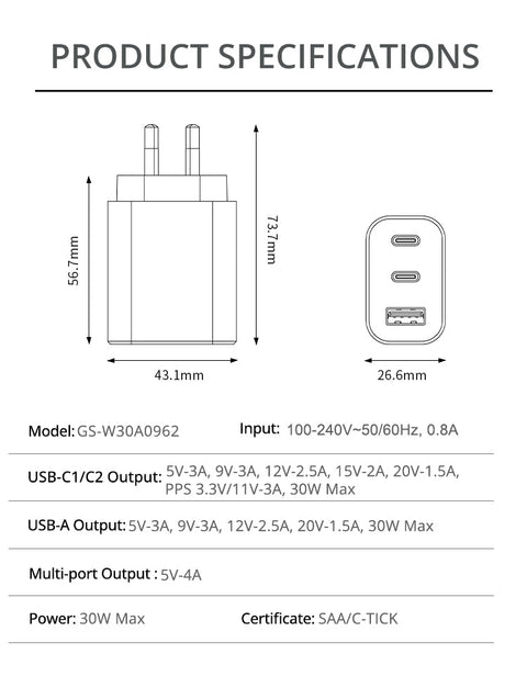 30W Wall Charger Dual USB-C and USB Ports