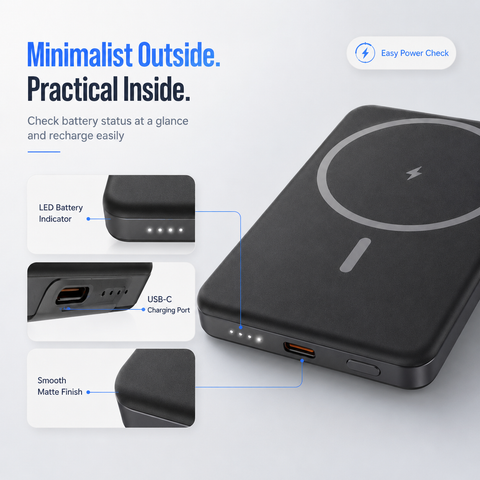 5000mAh Magnetic Wireless Power Bank, Ultra-Slim Portable Charger for Everyday Travel