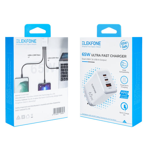 65W Wall Charger Dual USB-C and USB-A Ports - ELEKFONE