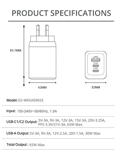 65W Wall Charger Dual USB-C and USB-A Ports - ELEKFONE