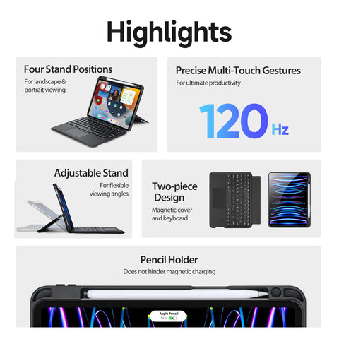 iPad Pro 11 2018-2022 Bluetooth Keyboard Case with Multi-Touch Trackpad & Backlit Keys – Black