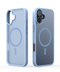 Durable iPhone 16 case in light blue with frosted back panel.