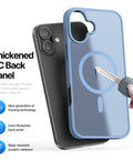 Scratch-resistant frosted back panel of iPhone 16 case.