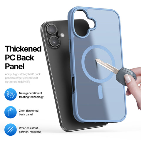 Scratch-resistant frosted back panel of iPhone 16 case.