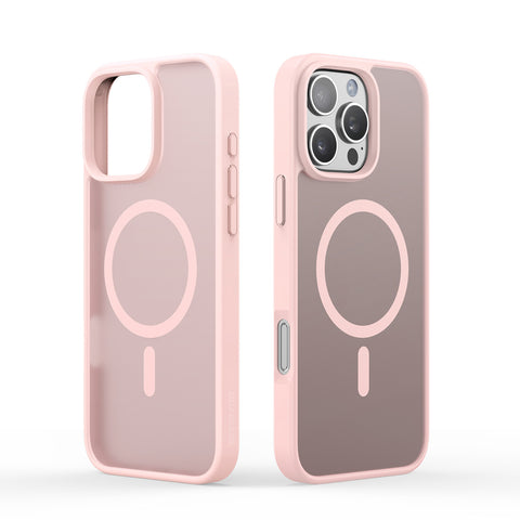 Drop-resistant pink iPhone 16 Pro case with four-corner airbags.