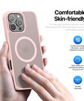 Scratch-resistant frosted back panel on pink iPhone 16 Pro case.