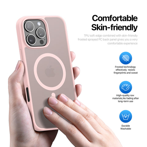 Scratch-resistant frosted back panel on pink iPhone 16 Pro case.