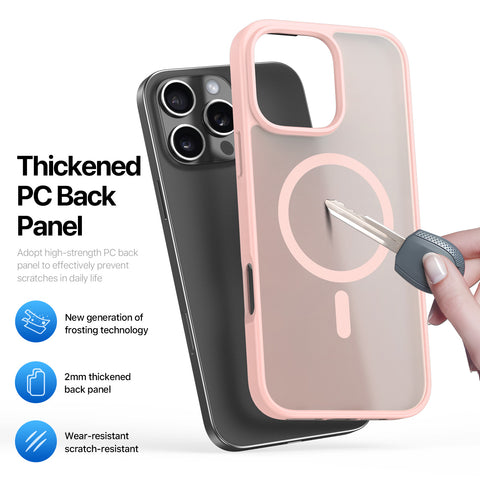 Pink iPhone 16 Pro case featuring precise MagSafe alignment.