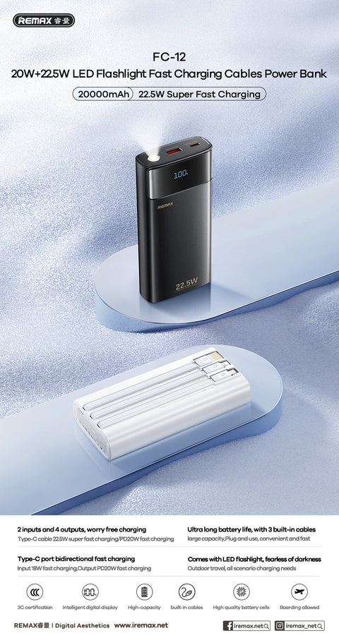 20000mAh Power Bank with Built In Cables & Fast Charging