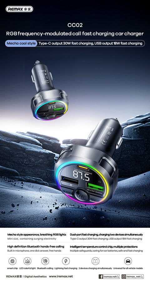 48W FM Transmitter with USB & Type-C Ports - RGB Ambient Lights