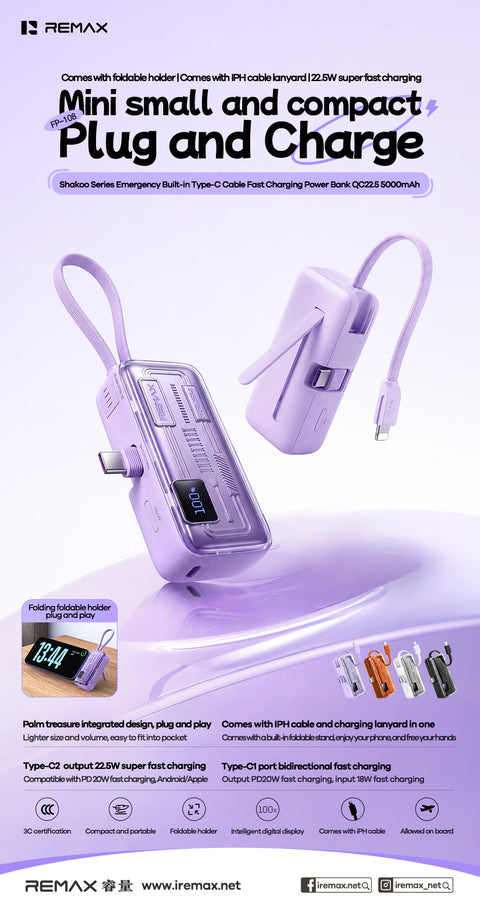 REMAX Built-in Type-C Cable Fast Charging Power Bank QC22.5 5000mAh - FP-108
