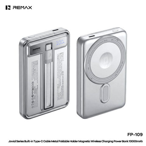 REMAX Built-in Type-C Cable Metal Foldable Holder Magnetic Wireless Charging Power Bank QC22.5W 10000mAh - FP-109