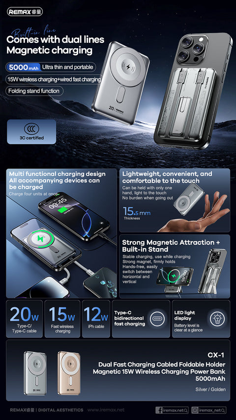 5000mAh Wireless Power Bank with Built In Cables & Stand