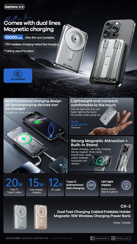 REMAX Magnetic 15W Wireless Power Bank with Built-in Foldable Stand PD20W 10000mAh - CX-2