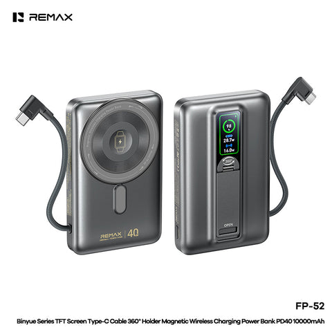 REMAX TFT Screen Type-C Cable 360°Holder Magnetic Wireless Charging Power Bank PD40W 10000mAh - FP-52