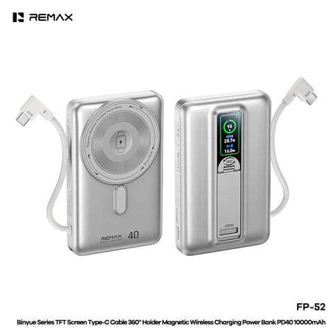 REMAX TFT Screen Type-C Cable 360°Holder Magnetic Wireless Charging Power Bank PD40W 10000mAh - FP-52