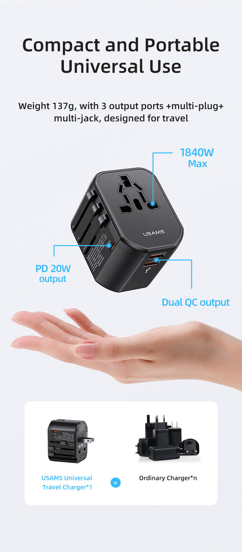 Travel Power Adapter - 20W Fast Charging Type-C + Dual USB Ports