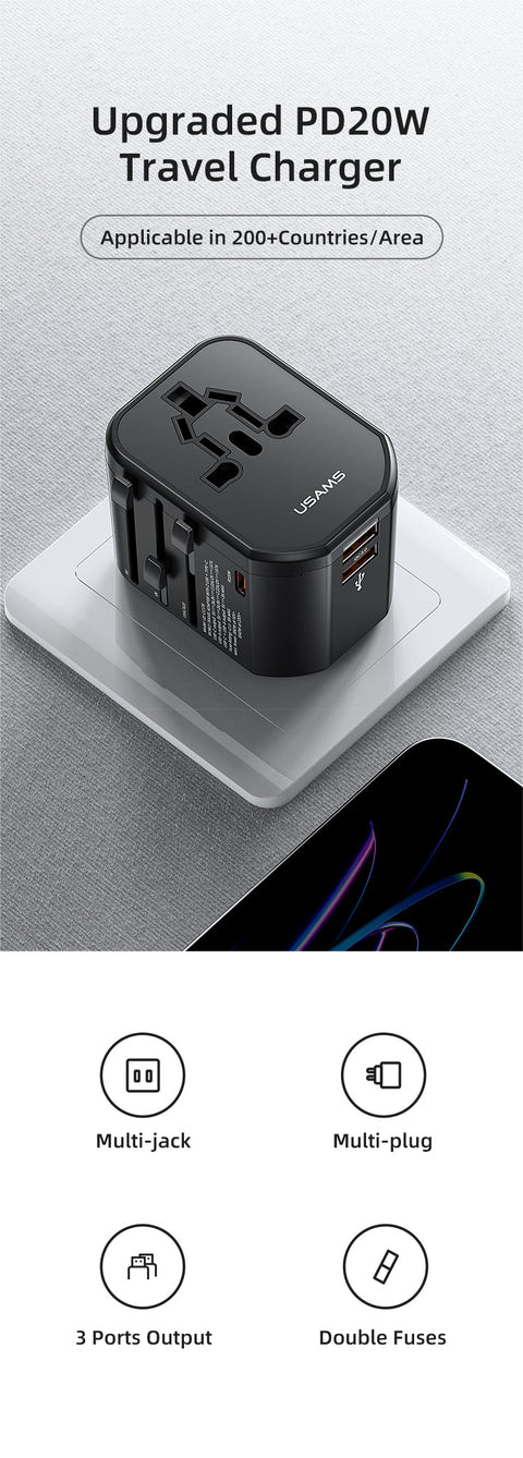 Travel Power Adapter - 20W Fast Charging Type-C + Dual USB Ports