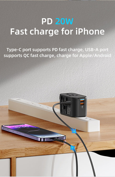 Travel Power Adapter - 20W Fast Charging Type-C + Dual USB Ports