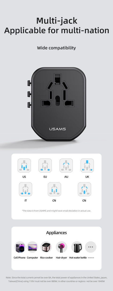 Travel Power Adapter - 20W Fast Charging Type-C + Dual USB Ports