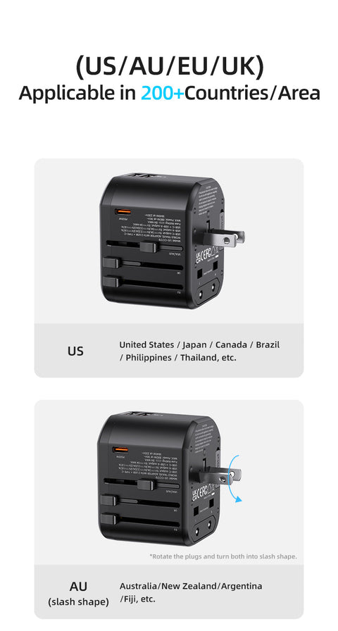 Travel Power Adapter - 20W Fast Charging Type-C + Dual USB Ports