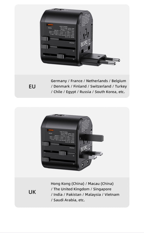 Travel Power Adapter - 20W Fast Charging Type-C + Dual USB Ports