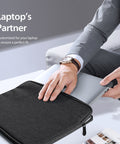 Lightweight black laptop sleeve with drop protection.