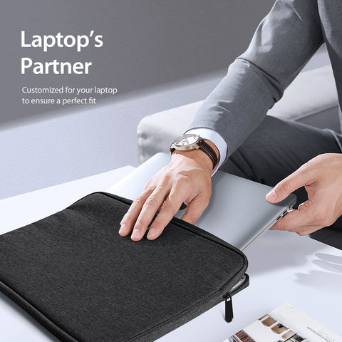 Lightweight black laptop sleeve with drop protection.