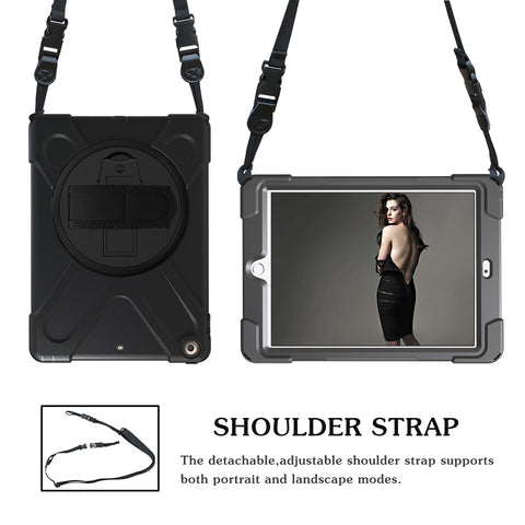 Durable black iPad case with 360° kickstand for hands-free use.