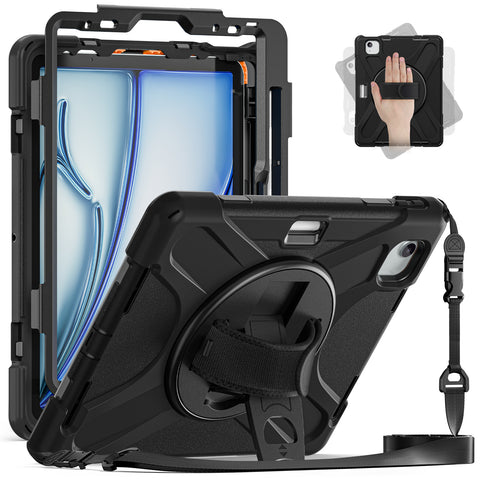 Triple-layer shockproof iPad Air case with reinforced corners for impact protection.