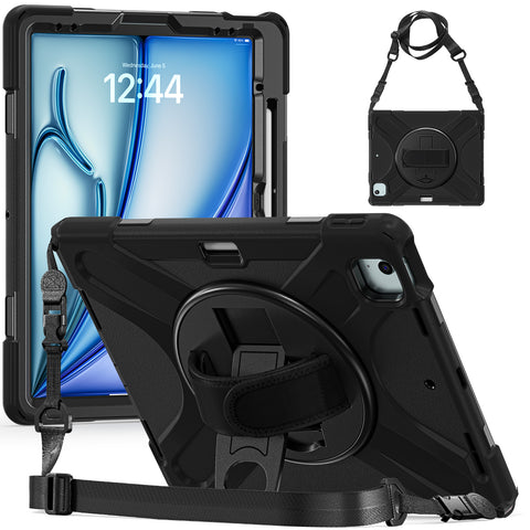 Black shockproof iPad Pro 12.9 inch case with built-in kickstand and adjustable straps.