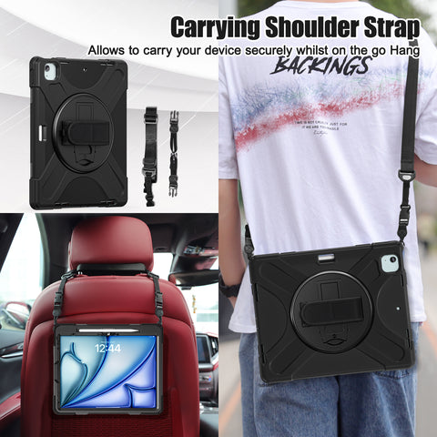 iPad Pro case with adjustable hand and shoulder straps, perfect for on-the-go use.