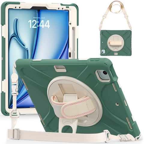 Green shockproof iPad Pro 12.9 inch case with kickstand and straps.