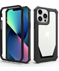 Drop-resistant iPhone 15 Pro Max case with clear back and raised edges for screen and camera protection.