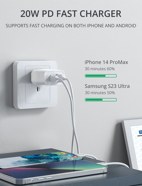ELEKFONE Fast Wall Charger 20W Dual Port USB-A and Type-C - C1