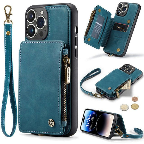 CaseMe iPhone 12 Leather Zipper Wallet Case with Wrist Strap and RFID Blocking Card Slots - Easy Gadgets