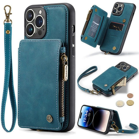 CaseMe iPhone 13 Leather Zipper Wallet Case with Wrist Strap and RFID Blocking Card Slots - Easy Gadgets