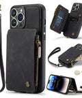 CaseMe iPhone 14 Leather Zipper Wallet Case with Wrist Strap and RFID Blocking Card Slots - Easy Gadgets
