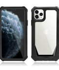 Dual-layer rugged iPhone 11 Pro case with clear back, raised edges for screen and camera protection, and wireless charging-ready.