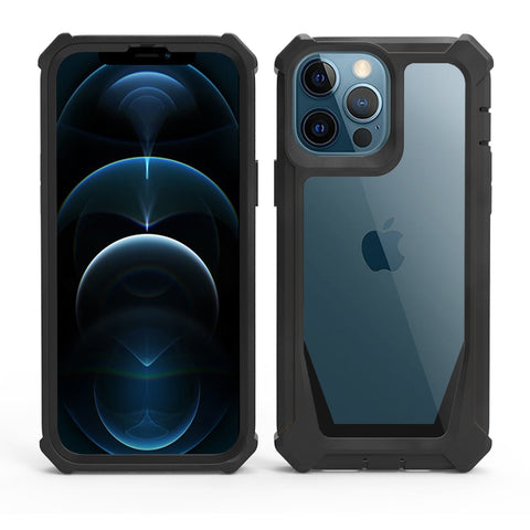 iPhone 12 Pro case with reinforced edges, transparent back, and wireless charging-ready.