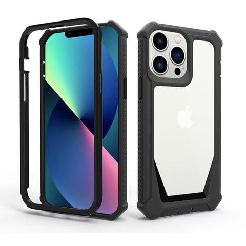 Rugged iPhone 14 Pro Max case with raised edges, wireless charging-ready.